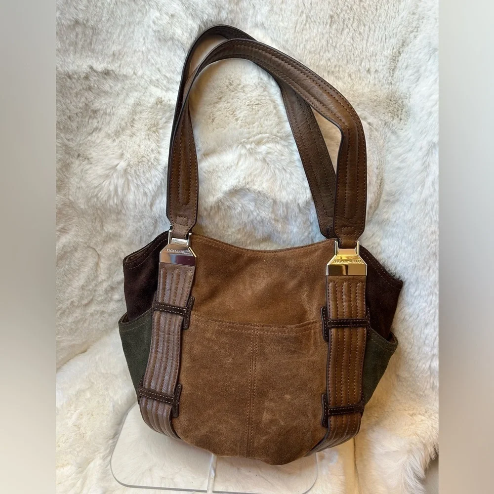 Tignanello brown suede leather colorblock shoulder bag purse w magnetic snap. H